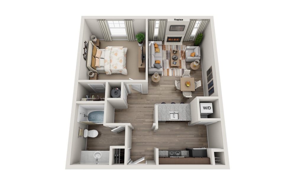 Ashby - 1 bedroom floorplan layout with 1 bath and 728 square feet.