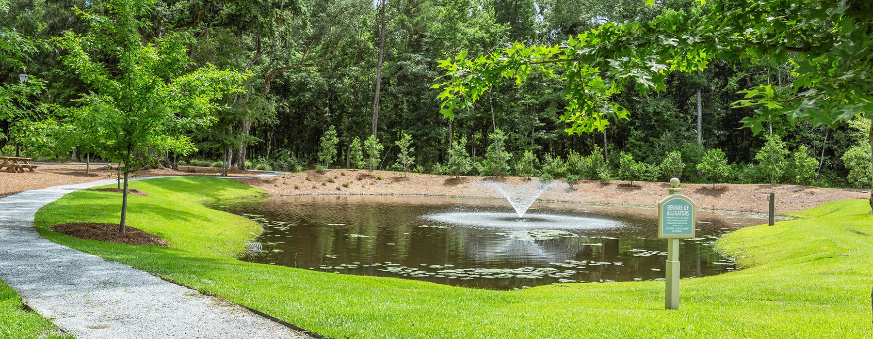 walking path in park near pond with water fountain